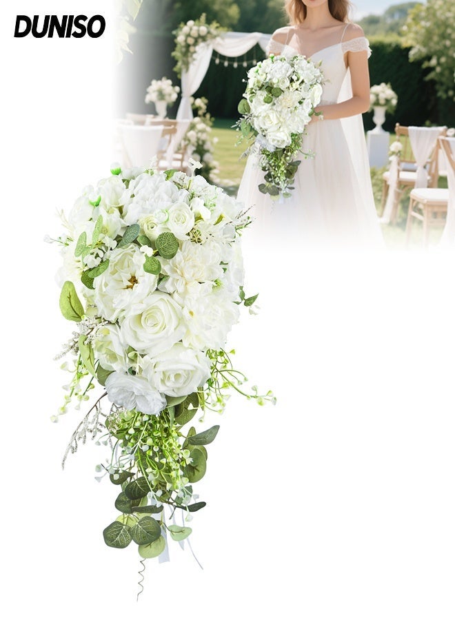 DUNISO Wedding Bouquets for Bride, White Green Cascade Bouquet, Cascading Wedding Bouquet, Bridal Bouquet, Rose Artificial Flowers for Boho Rustic Wedding Ceremony Anniversary - Image 1